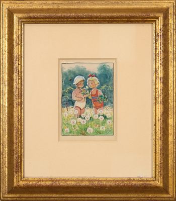 une image représentant un tableau où l'on voit deux enfants jouer dans l'herbe