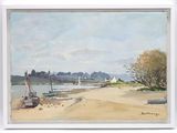 a painting of boats on the beach by the water
