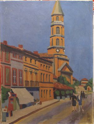 a painting of a clock tower on the side of a building