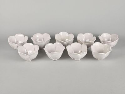 six bols blancs sont alignés sur une surface grise