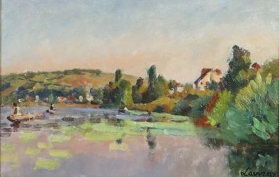 une peinture à l'huile représentant une scène fluviale avec des bateaux sur l'eau