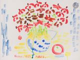 un dessin d'un vase de fleurs sur une table