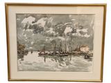 framed watercolor painting of a harbor scene with sailboats in the foreground