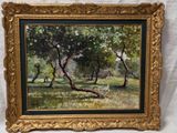 an oil painting of trees in a field with a white background