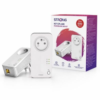 an image of a white powerline adapter and a box of power cords