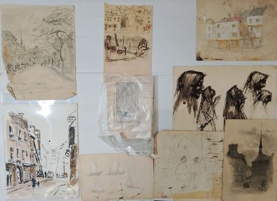 many drawings on the wall of this room