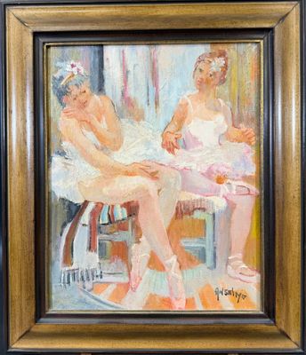 tableau représentant deux ballerines assises sur une chaise devant un miroir