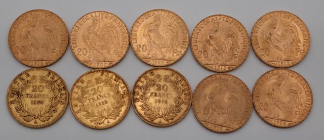 Dix pièces de monnaie en or à valeur faciale de vingt francs (dif...