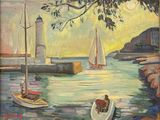 tableau représentant des bateaux dans un port, avec un phare en arrière-plan