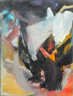 an abstract painting of black, white, and orange colors