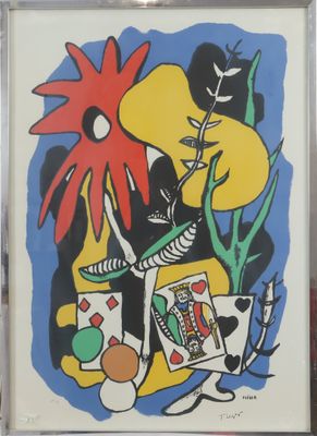 framed picture of a painting of flowers and cards on a table