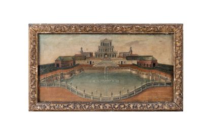 an old painting of a large building with a pool in front of it