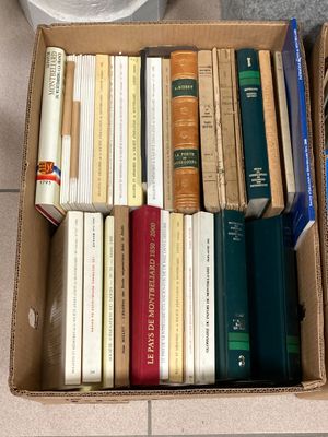 une boîte remplie de livres posée par terre à côté des toilettes