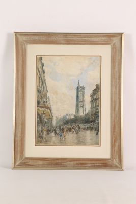 an oil painting of a city street scene with a clock tower in the background