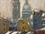 an oil painting of a view of a city with a church in the background