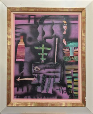 tableau représentant une femme dans une cuisine, avec un couteau et une bouteille de vin