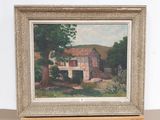 a picture of a painting of a house on a shelf