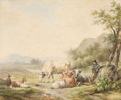 un tableau représentant un groupe d'animaux dans un champ