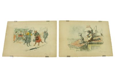 two drawings of a couple of people on a boat in the water