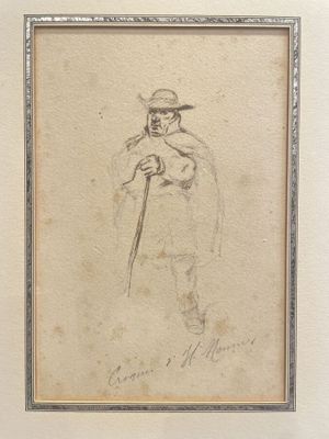 an old drawing of a man with a cane and a hat