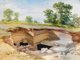 a painting of two cows standing in a hole in the ground