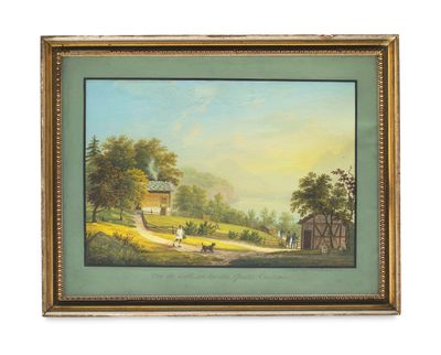 un tableau représentant une scène de vie à la ferme avec une calèche tirée par un cheval