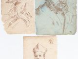 four drawings of a man with a beard and a woman with a bird