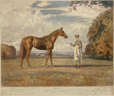 painting of a man standing next to a horse in a field