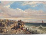 une peinture représentant un groupe de personnes sur la plage