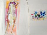 a drawing of a woman standing in front of a painting