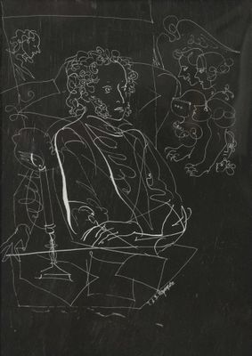 un dessin en noir et blanc représentant un homme assis à une table