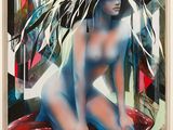 une image représentant un tableau où figure une femme nue assise sur un tapis rouge