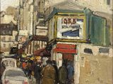 une peinture à l'huile représentant des personnes marchant dans une rue de la ville sous la pluie