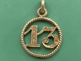 a gold pendant with the number thirteen on it