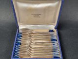 silverware in a blue case with blue handles on a black surface