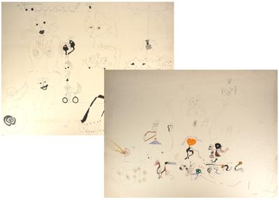 deux photos montrant quelques tableaux accrochés au mur