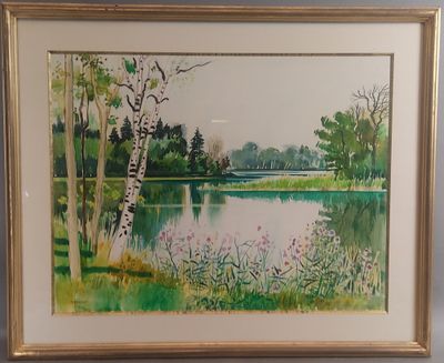 une photo d'un tableau représentant un lac dans les bois