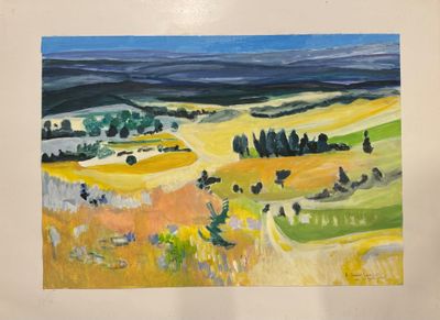 une image représentant un tableau où l'on voit un champ avec des arbres et des collines en arrière-plan