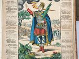 an old book with a picture of a man holding a sword