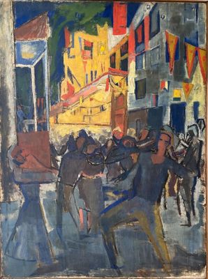 peinture d'un groupe de personnes marchant dans une rue devant un bâtiment