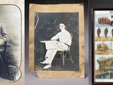 several old photos of a man sitting in a chair next to a picture of a horse drawn carriage