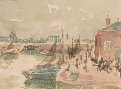 une aquarelle représentant une scène de port avec des bateaux sur l'eau