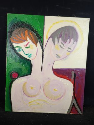tableau représentant un tableau dans lequel figurent une femme et un homme sur fond noir