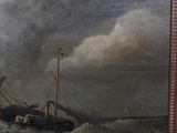 a painting of a boat in the water on a cloudy day
