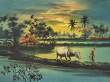 a painting of a man walking with a cow by the water
