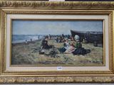 tableau représentant des personnes sur la plage, avec un bateau en arrière-plan