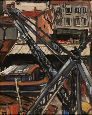 an oil painting of a boat in a harbor with buildings in the background