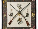 a close up of a square scarf with guns and birds on it