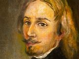 an oil painting of a man with long hair and a mustache