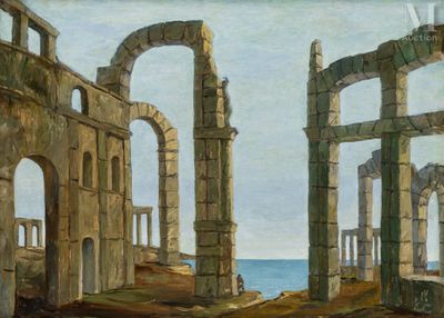 tableau représentant les ruines d'un vieux bâtiment au bord de la mer